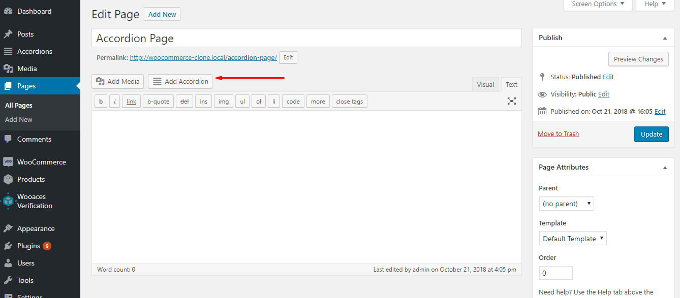 screenshot Add shortcode button