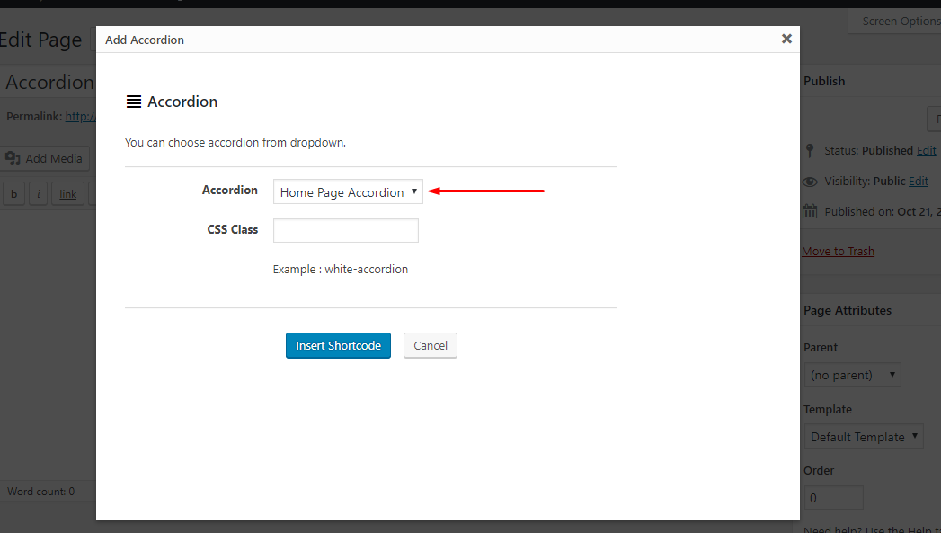 screenshot Add shortcode popup choose your accordion