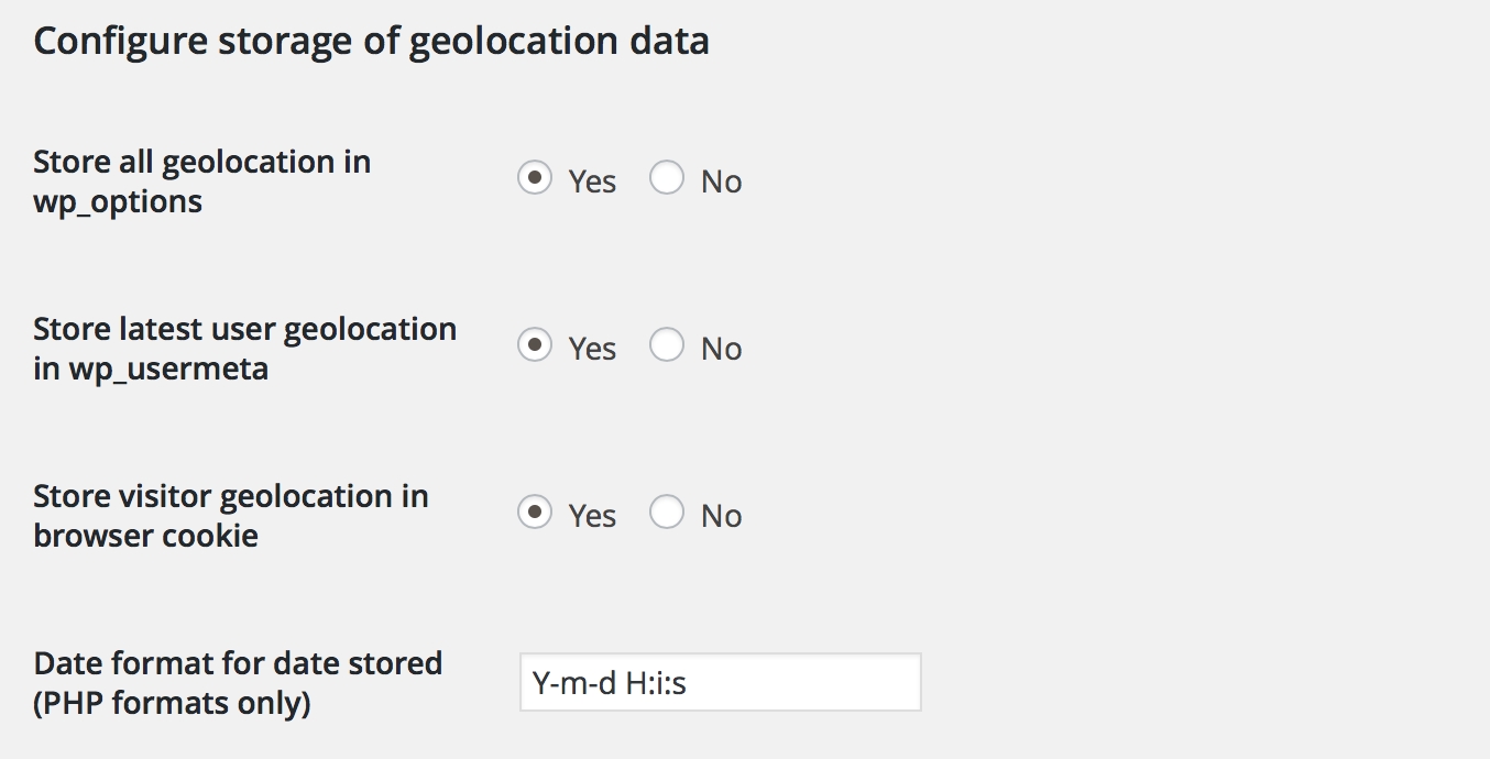 Geolocation data stored at WordPress database, wp_options. This data can be plotted on a map, see WordPress Accurate Geolocation Map plugin, at <a href="http://woo.report/" target="_blank">http://woo.report/</a> and look for WordPress Accurate Geolocation Map plugin.