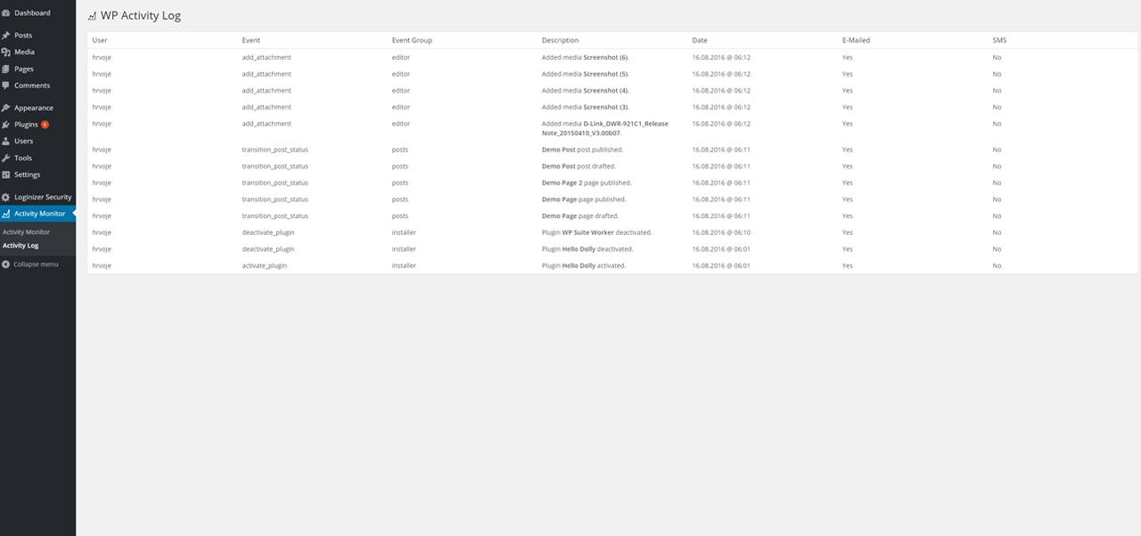 Events Log Table
