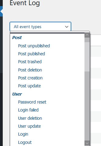 The event log is the central hub of WP Admin Audit. It is essentially an audit trail of all the activities of your admin(s) and other security relevant events.