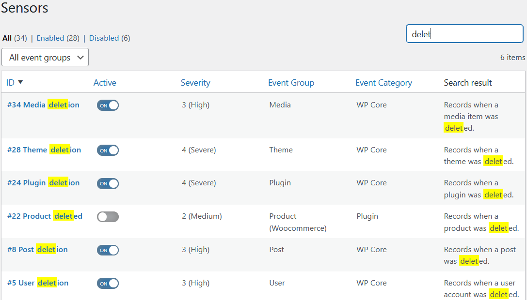 Filter the event log by the type of event / sensor