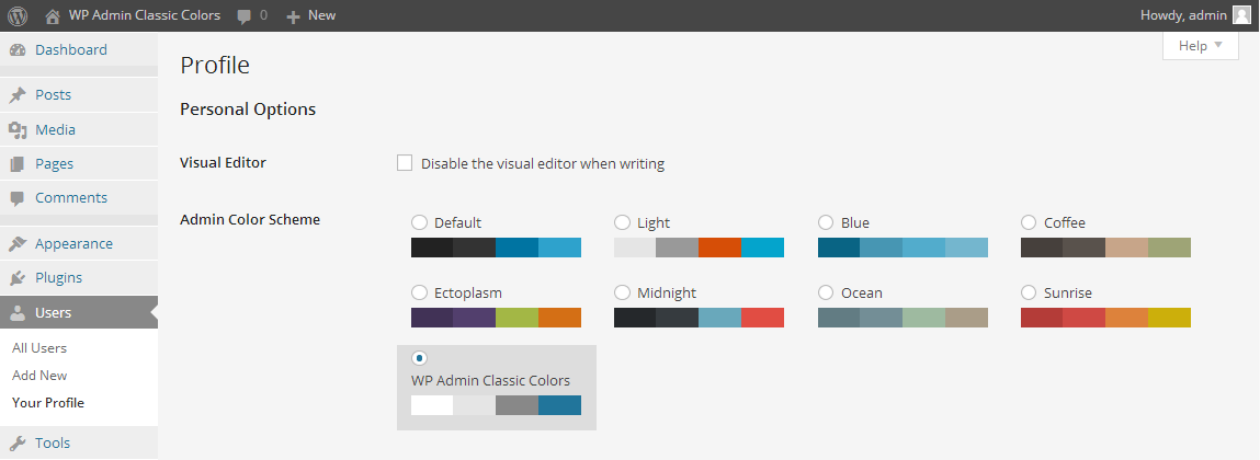 Setup WP Admin Classic Color scheme