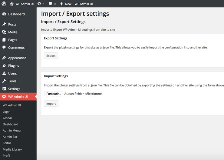 WP Admin UI Global settings