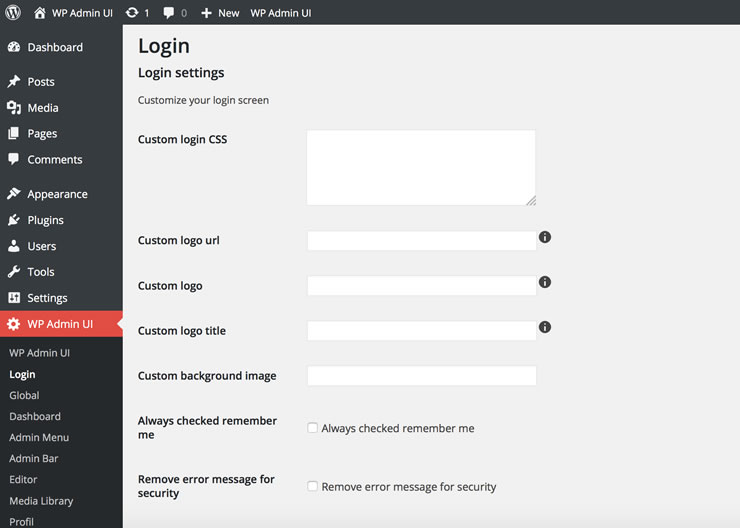 WP Admin UI Dashboard settings