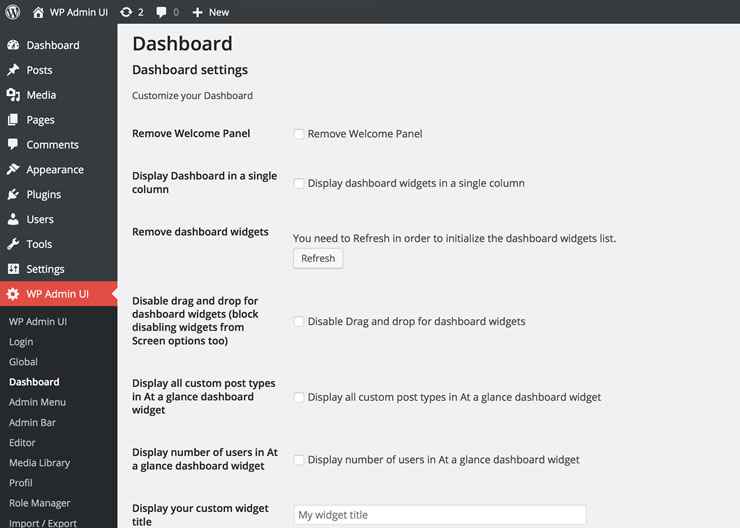 WP Admin UI Admin bar settings