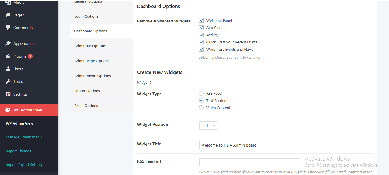 Dashboard Options