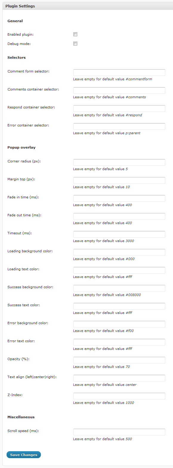 Settings page (for customizing the plugin)