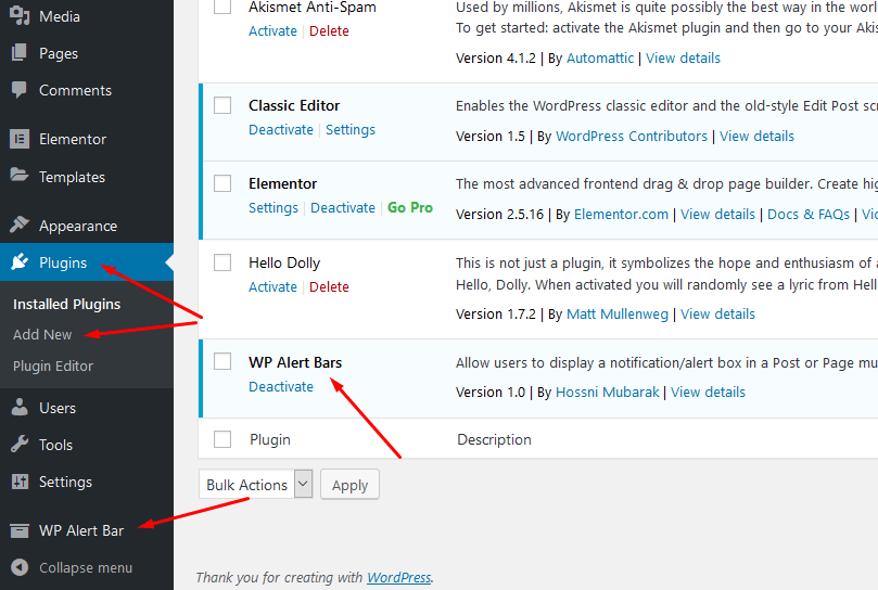 Download & install WP Alert Bars in admin panel