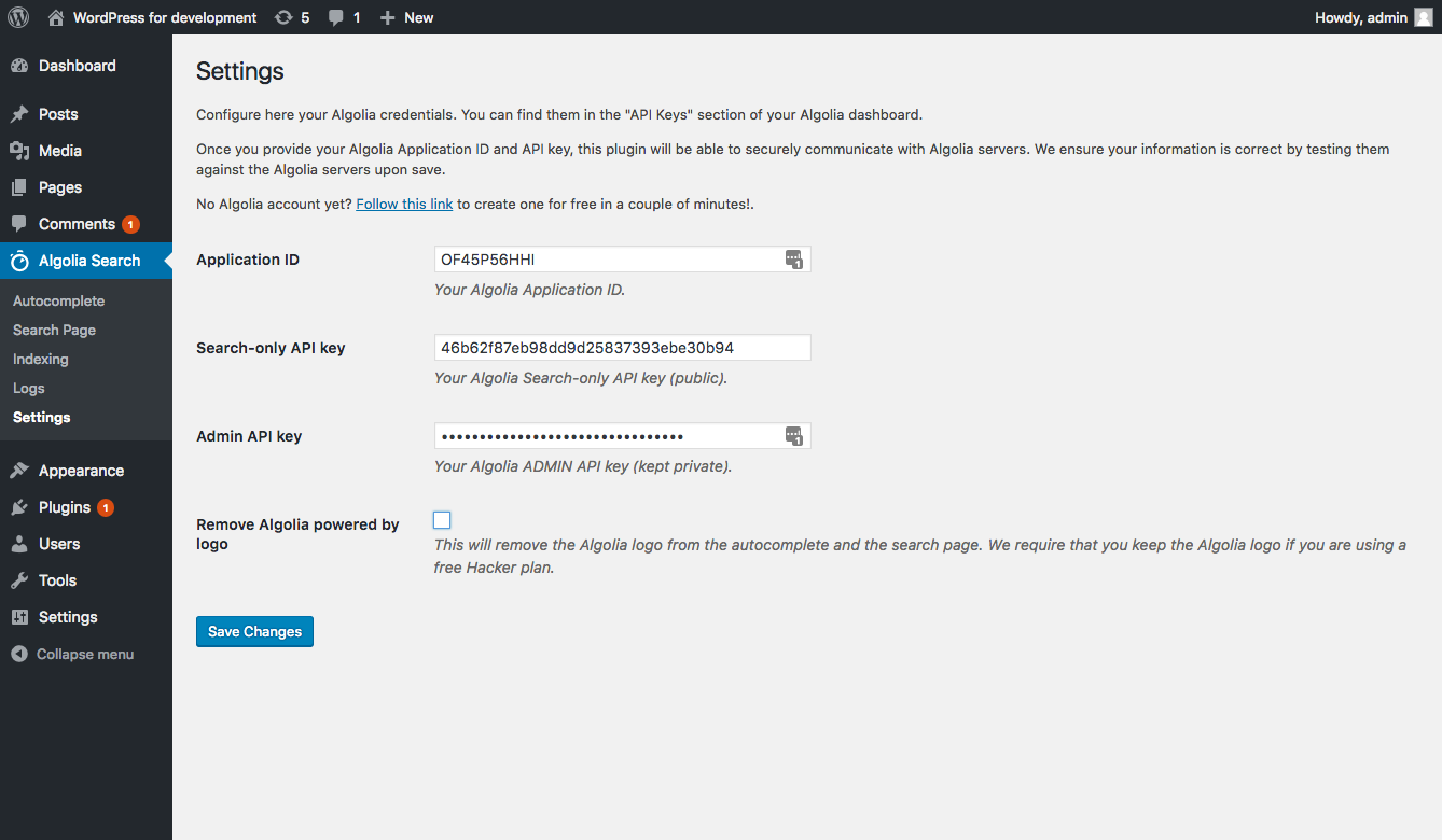 Algolia for WordPress settings.