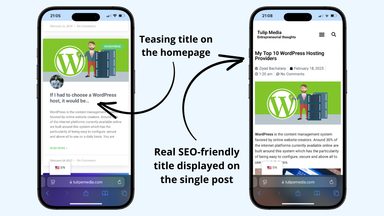 **Frontend Display**: See how alternative titles appear on your homepage vs. primary titles on single posts.