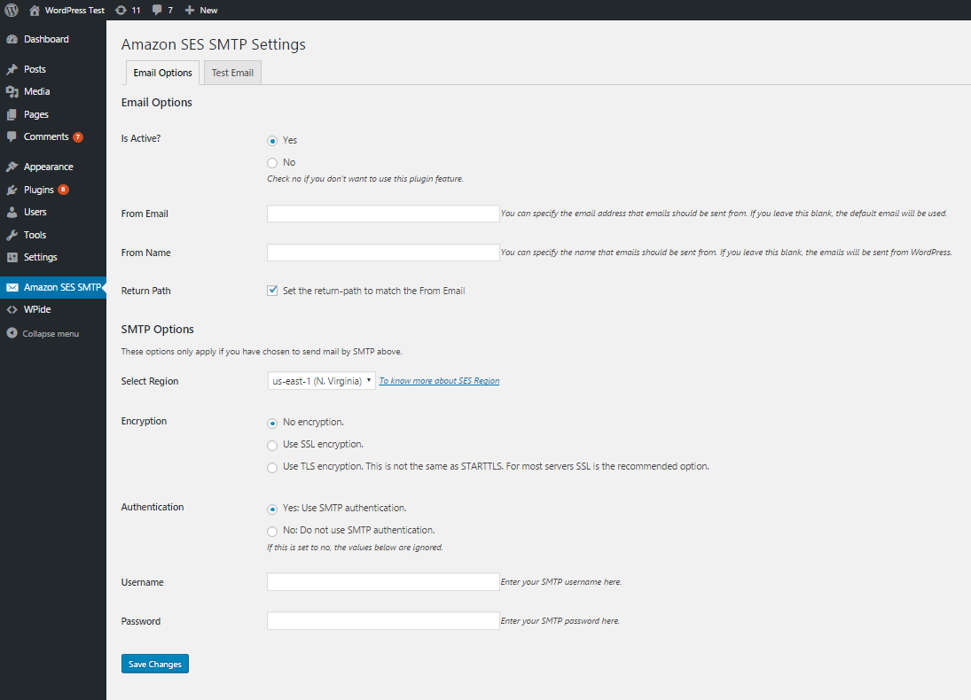 Screenshot of Email and SMTP options.