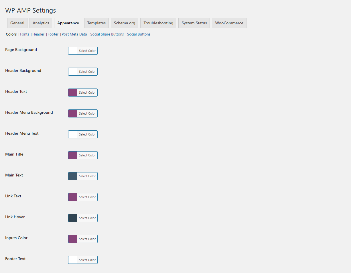 Appearence settings;