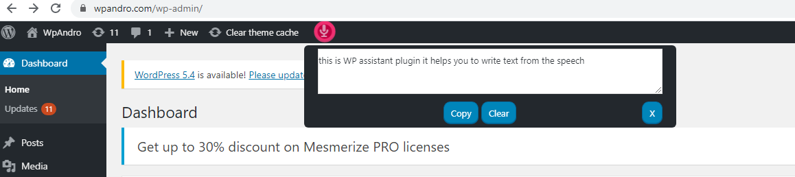 As you talks the plugin starts converting your voice into texts, which you can use to copy in your posts and pages or if you use commands it will ask wordpress to follow your command.