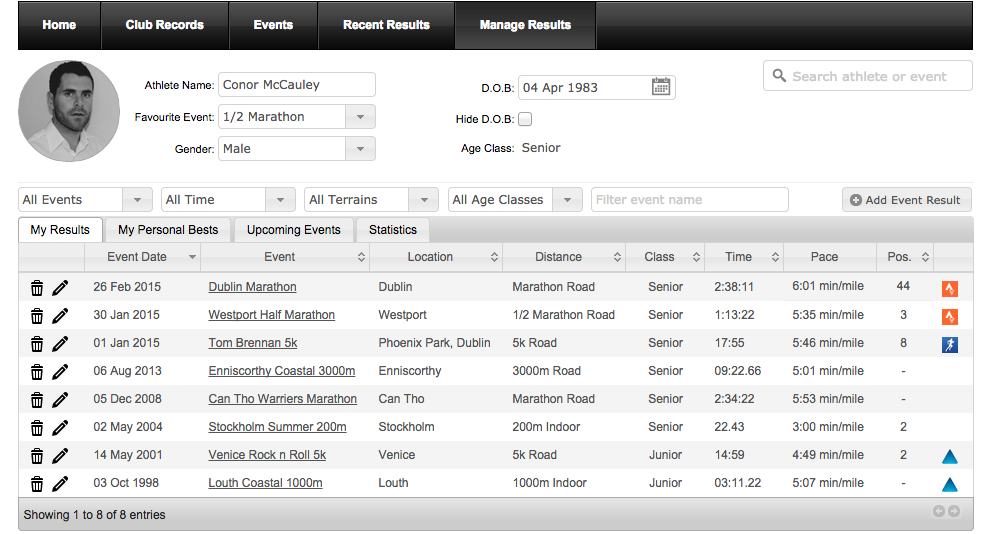 The "Manage Results" screen from which users can view their race history, personal records, enter new results and view statistics.