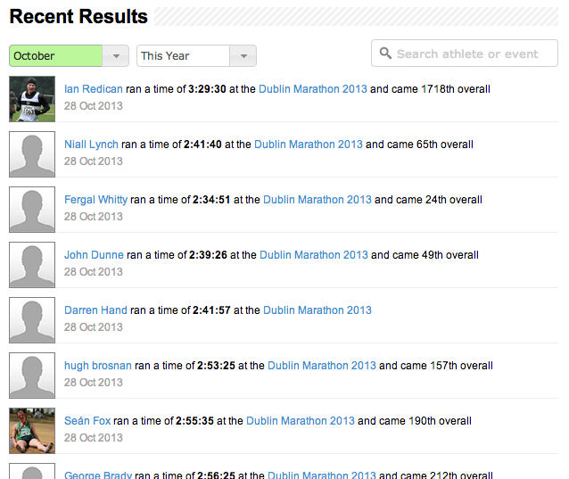 The automatically generated recent results page shows a facebook-like news feed of recent athlete activity.