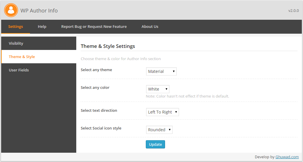 **Setting Page - Theme Option** - Set look & feel for author info detail. We have right now add only basic look, later will extend new theme.