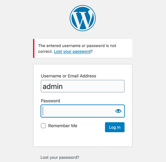 Log in error message when the user name exists but a wrong password is entered.