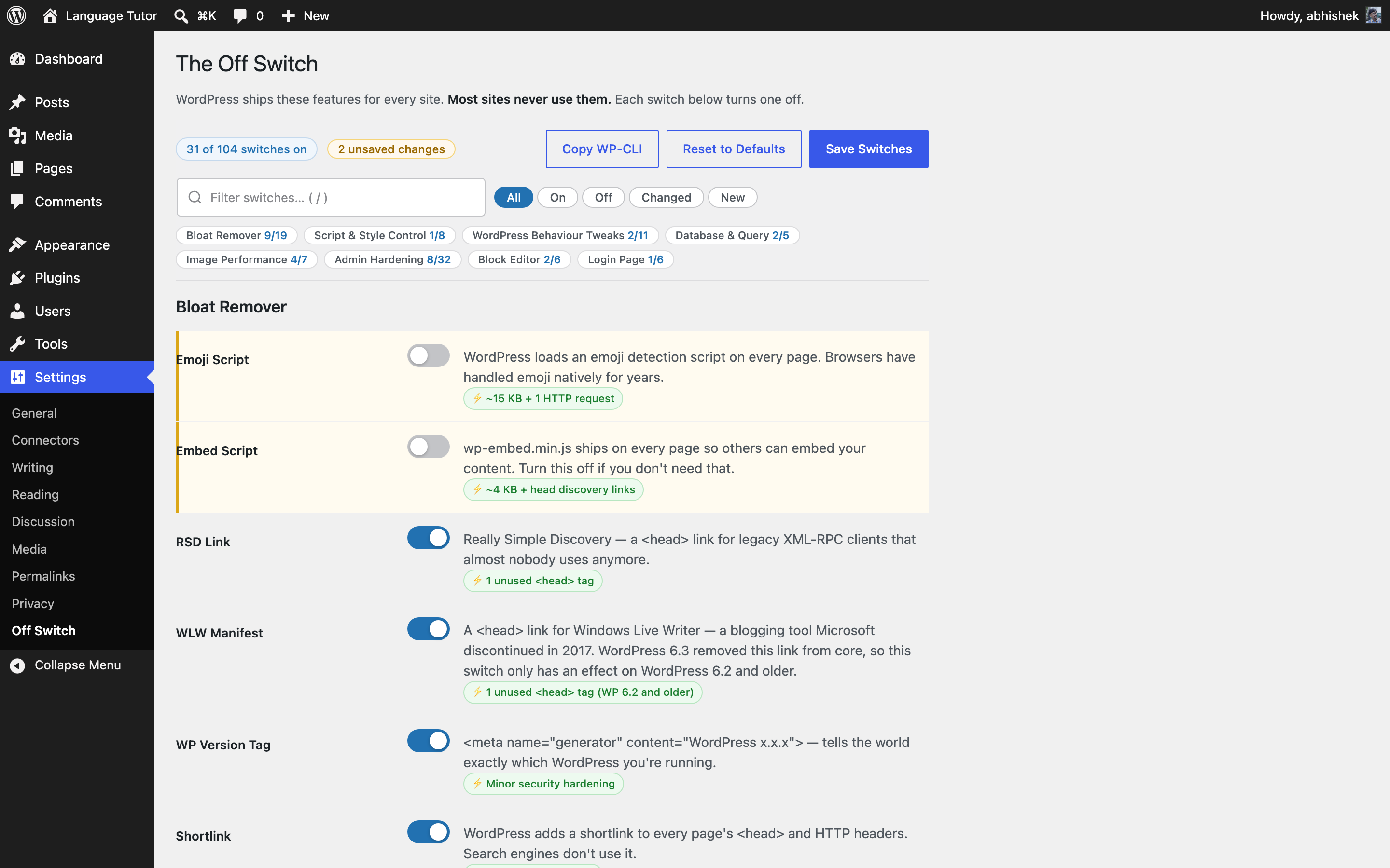 Flip switches and review before saving — changed switches stay highlighted and the "unsaved changes" pill shows exactly what you've touched.