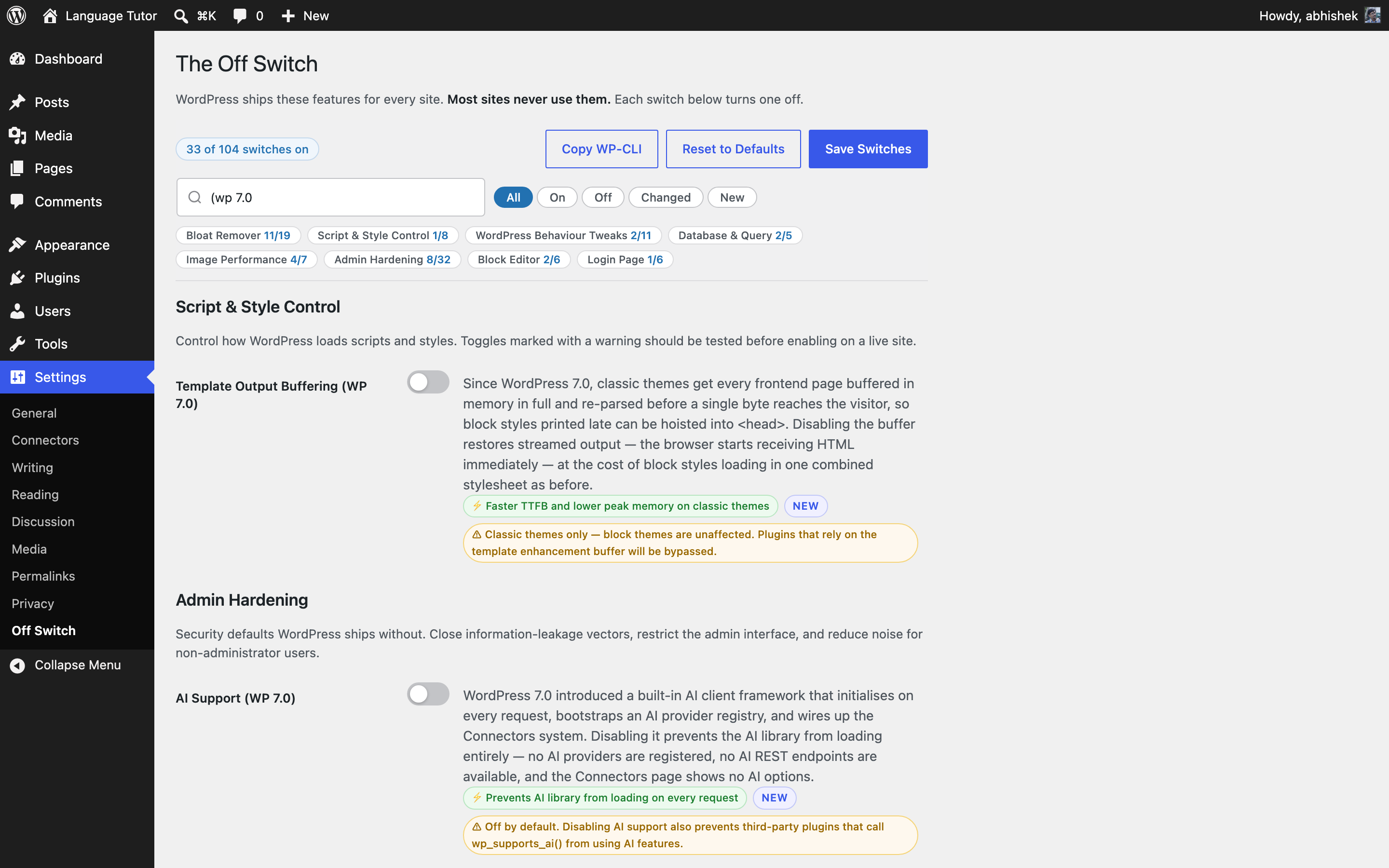 Off switches for what WordPress 7.0 turned on — template output buffering, the AI client framework, and more.