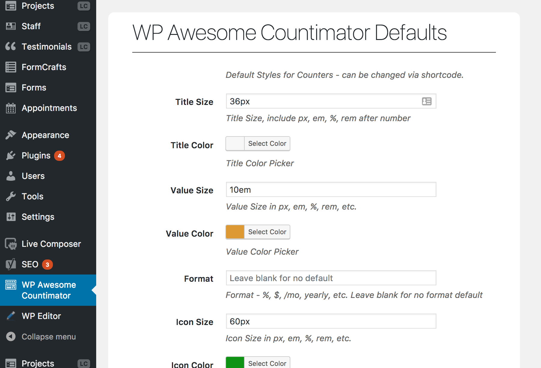 WP Awesome Countimator Default Settings Page