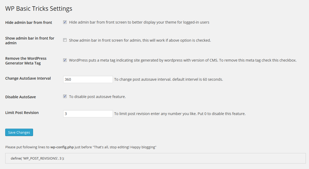 WP Basic Tricks settings page.
