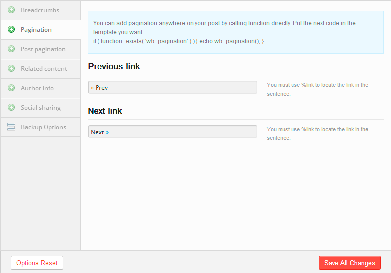 Pagination options.
