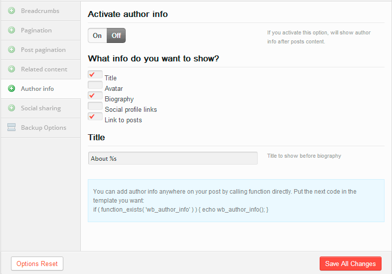 Author info options.