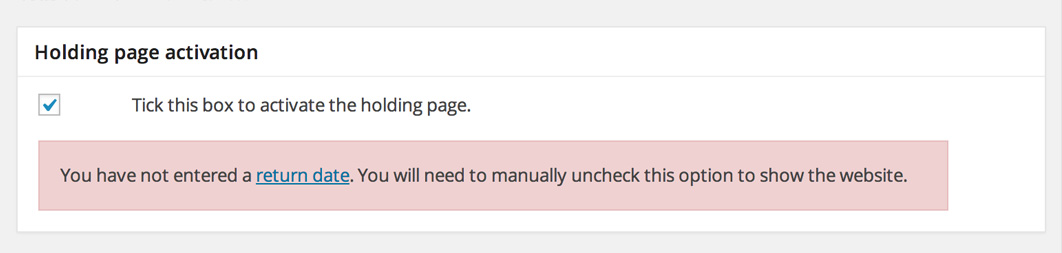 The first meta box shows how you can manually turn the holding page on and off