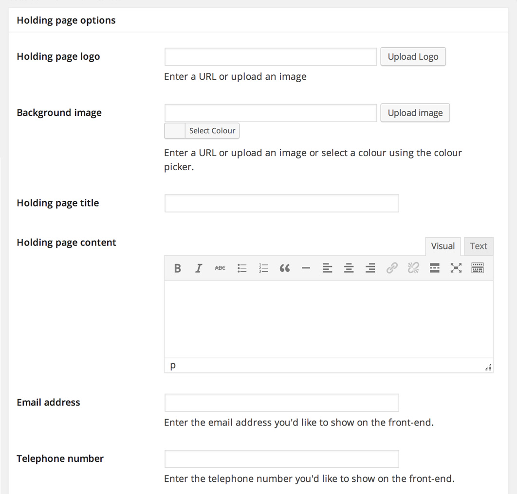 The third meta box is where you can customise the look and feel of your holding page.