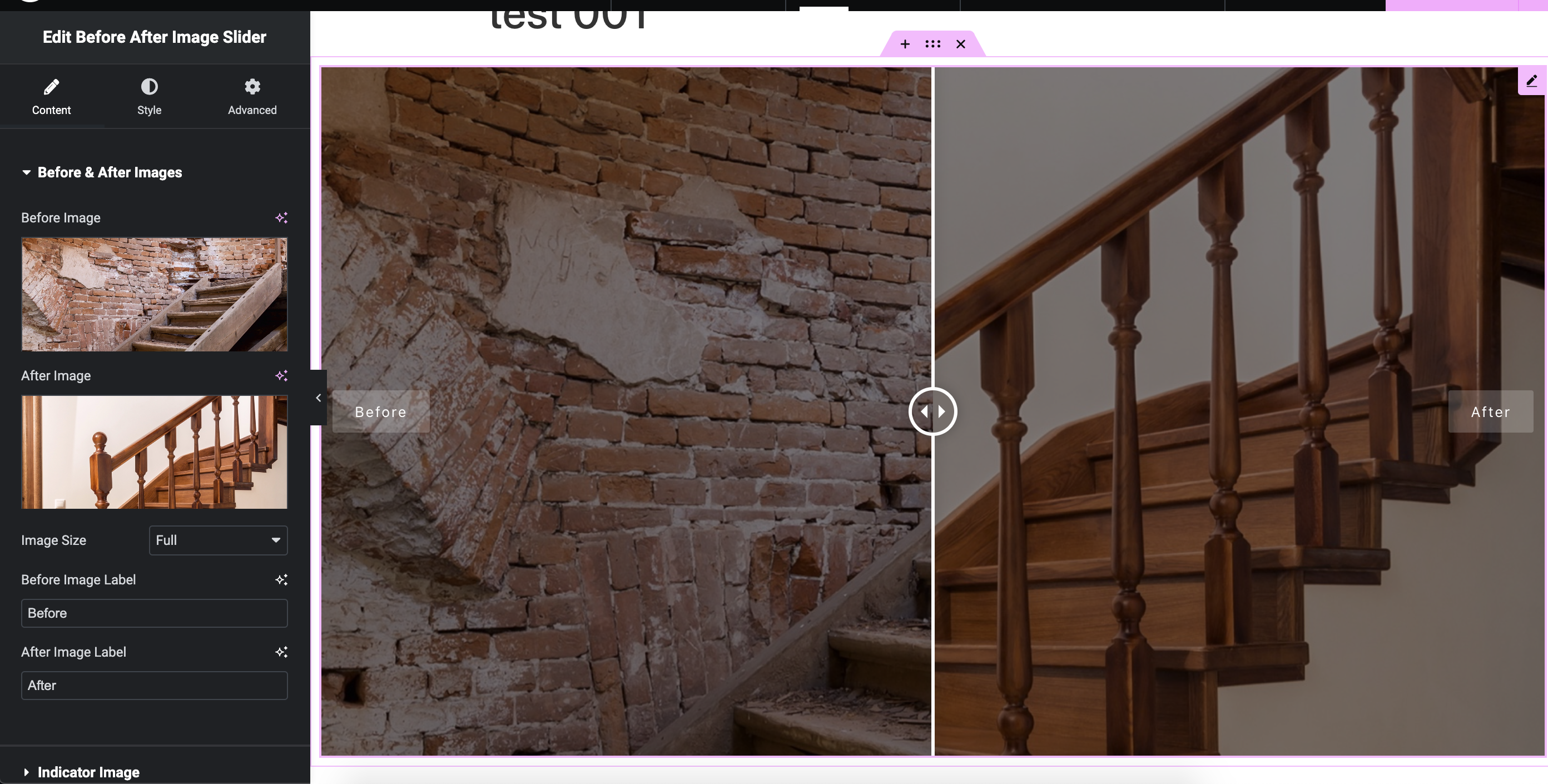 Example of a before and after image slider for Elementor Widget.