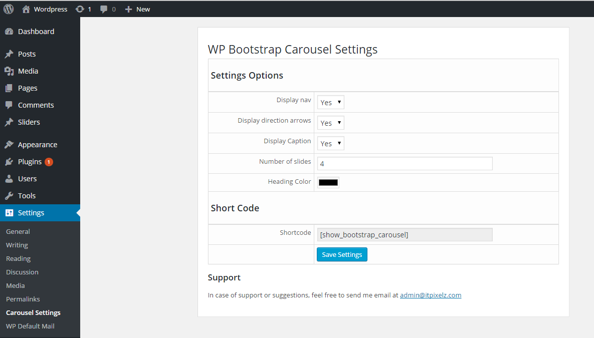 Go to the Settings link from left side bar in wp-admin and then go to the link "Carousel Settings" and then change the settings as per your requirement.