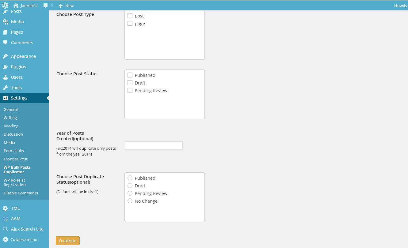 Screenshot of main screen, choosing post-type and custom post-type to duplicate.