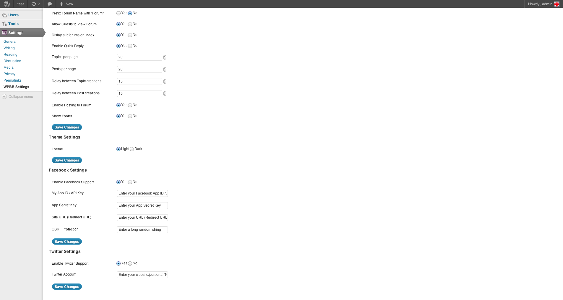 WPBB Settings (some aren't viewable in the screenshot)