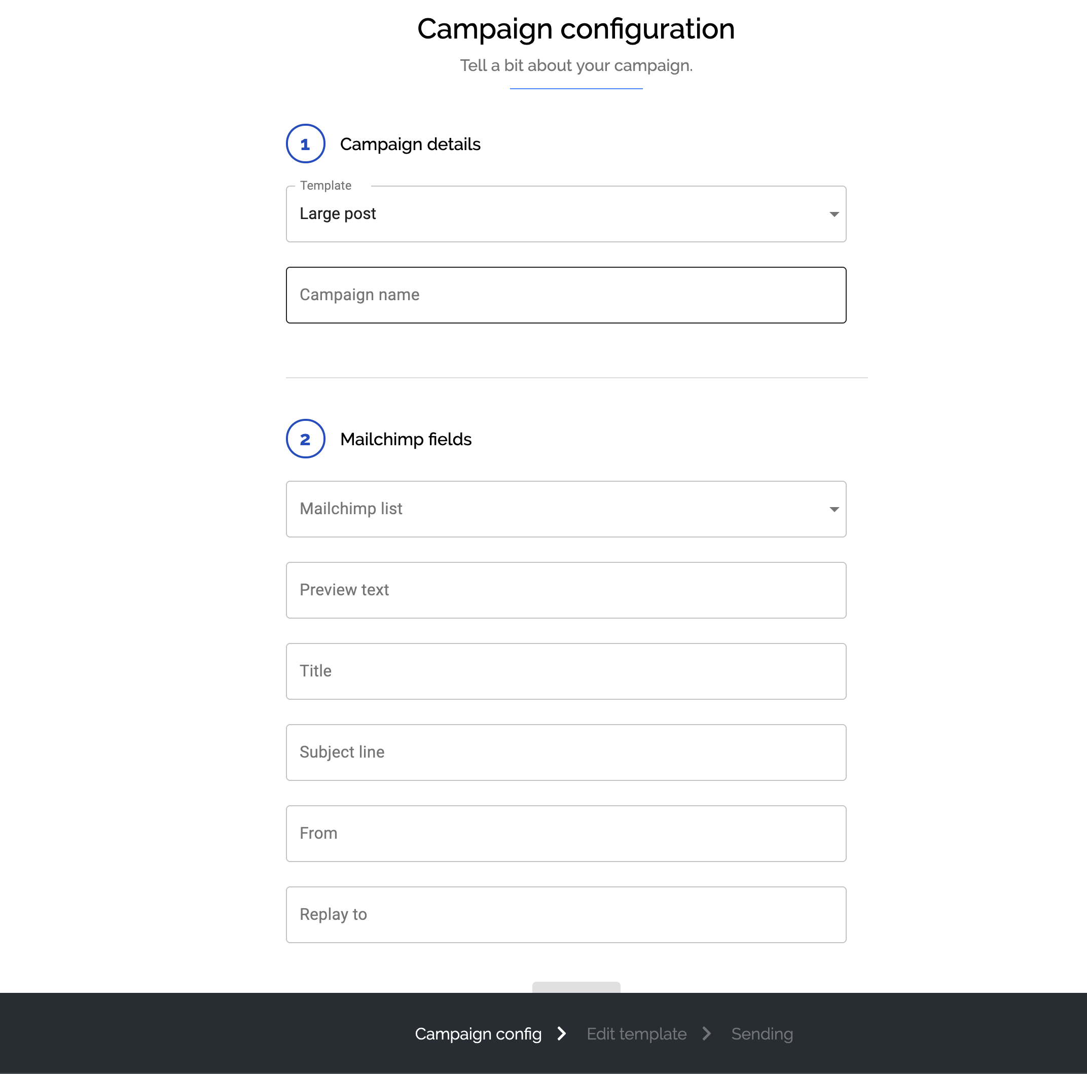 **Configuration.** Set fields and choose list in Mailchimp.