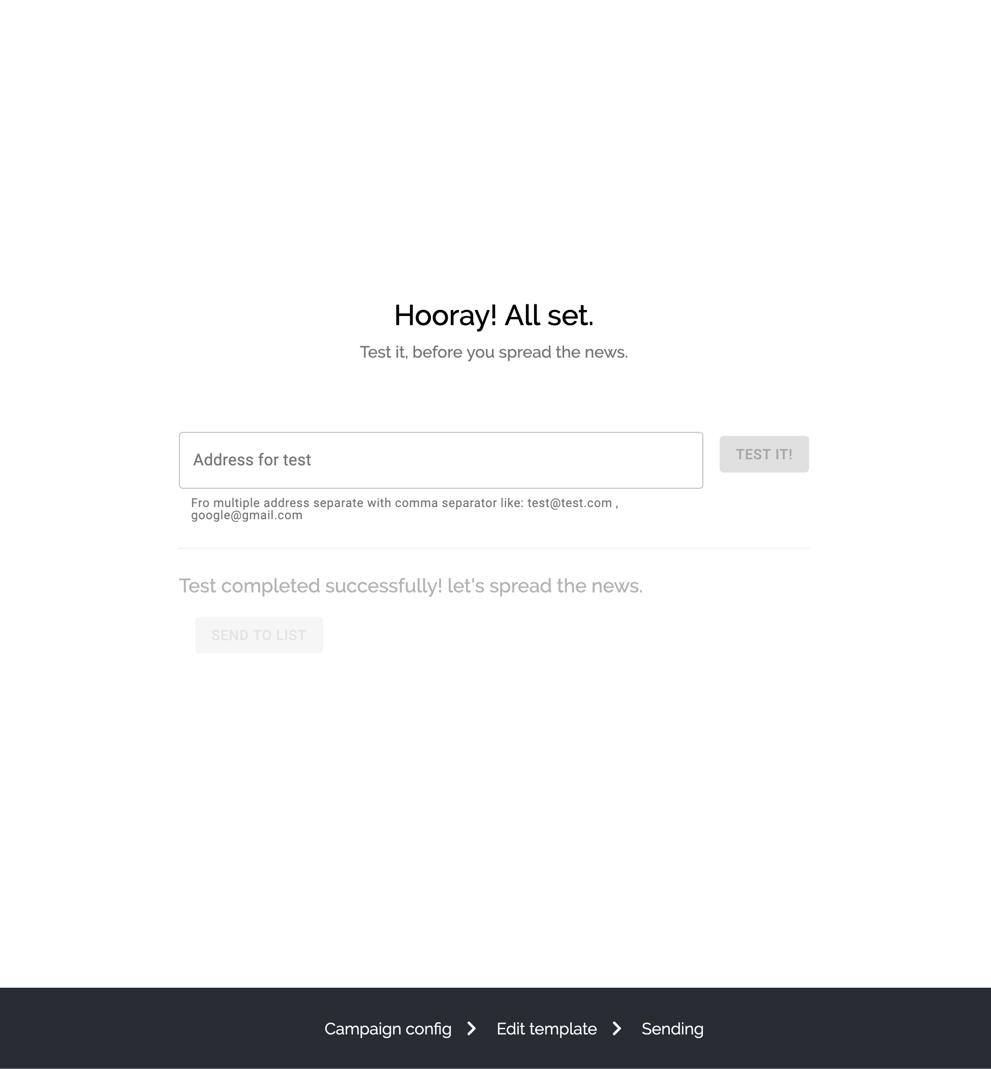 **Send test and send to list.** Send test.