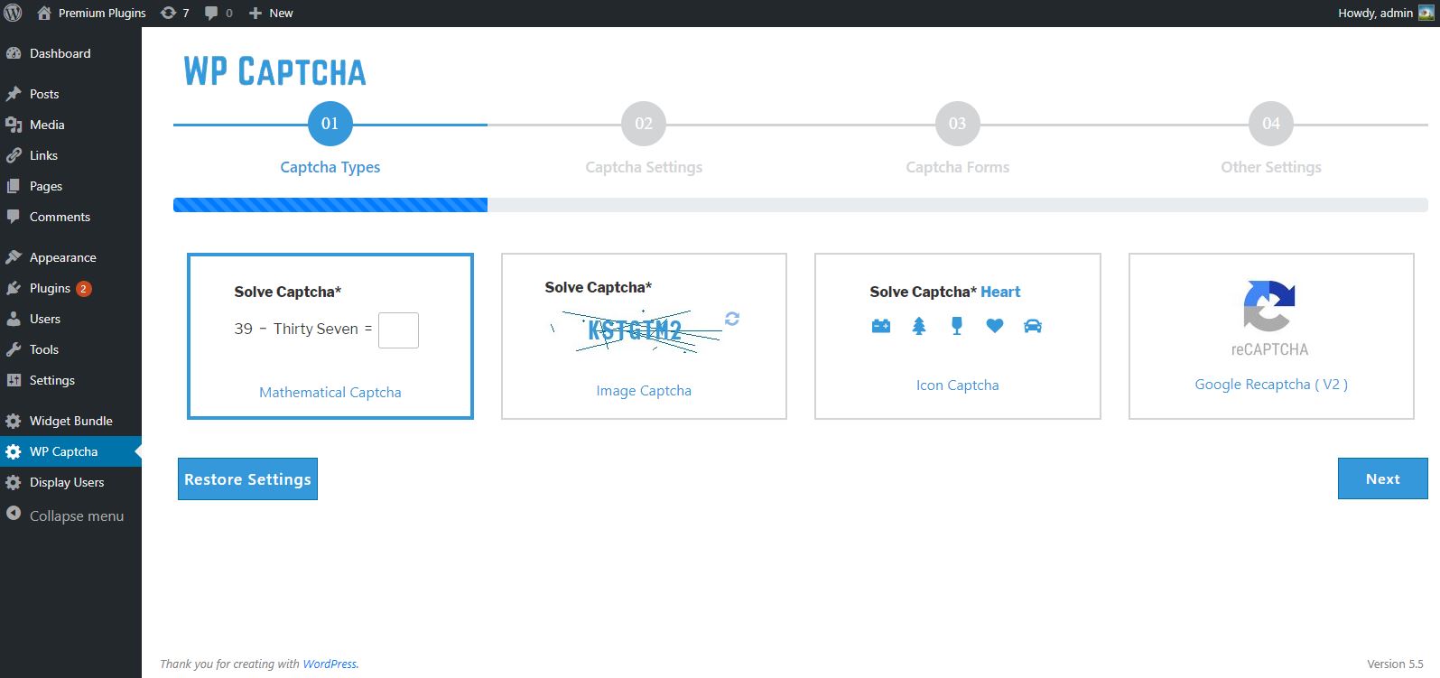 Captcha Types Settings Page.