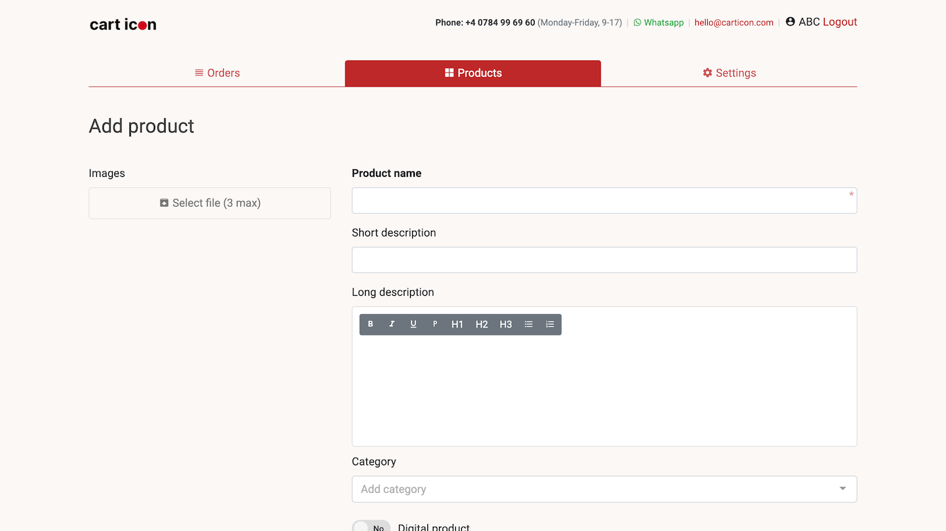 The Carticon Admin allows you to configure your products / services and other e-commerce settings