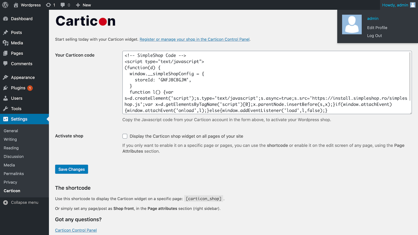 Configure your shopping cart inside Wordpress Admin