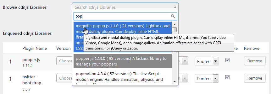 Dashboard: Browse cdnjs Libraries example with popup.