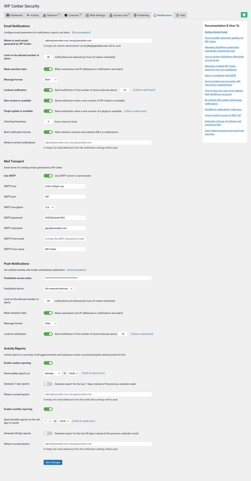 On the Notification tab administrators configure email parameters for notifications, alerts, and reports. WP Cerber provides mobile alerts and email notifications to WordPress administrators to keep them informed about security-related events on their websites.