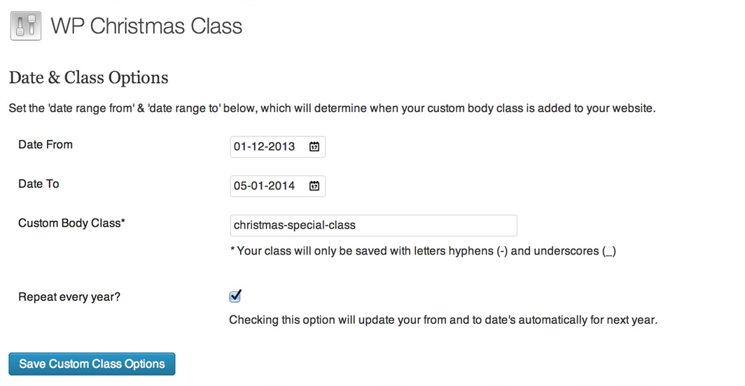 This shows the WP Christmas Class settings page.