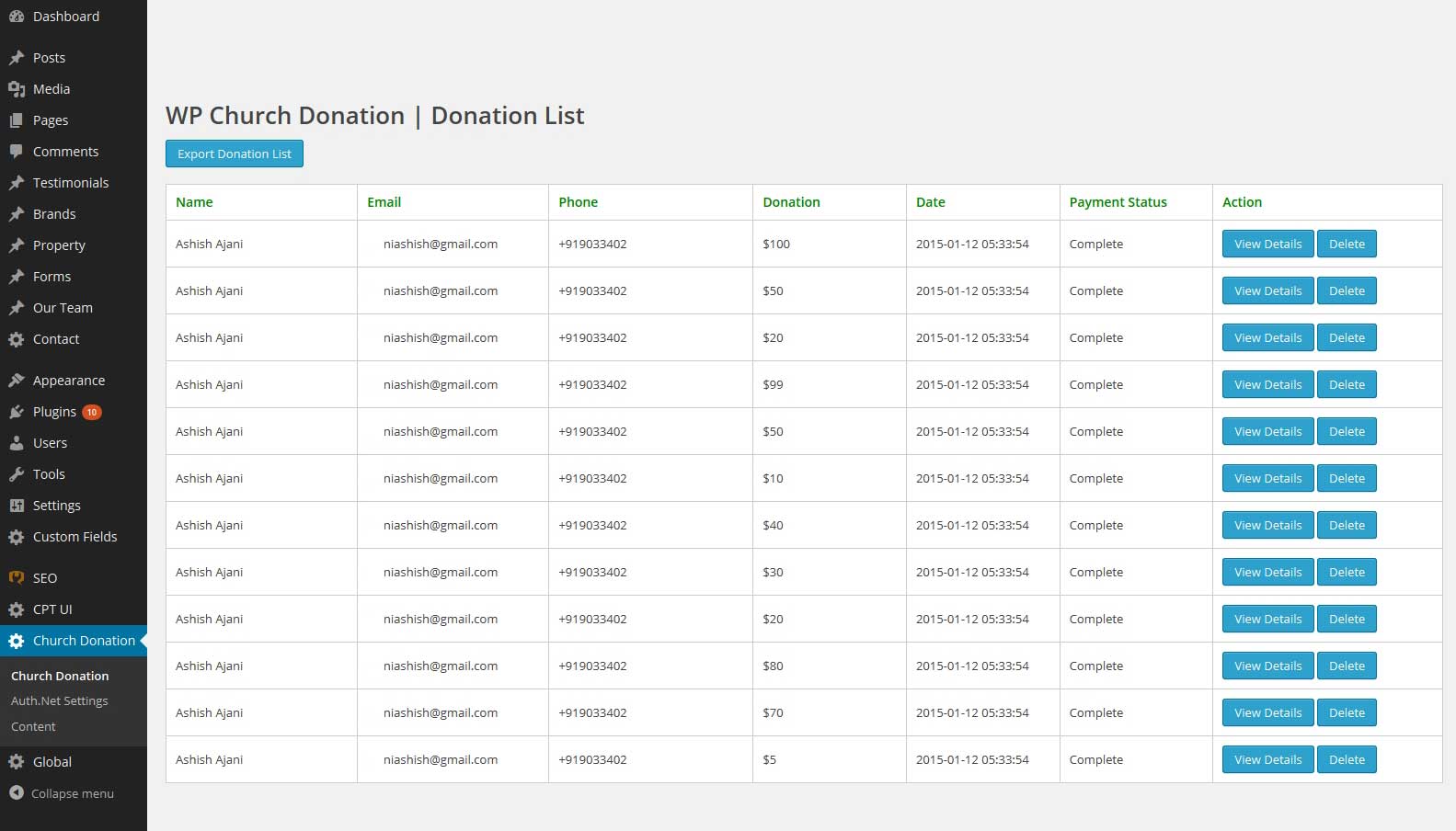 List of donations received at admin area.