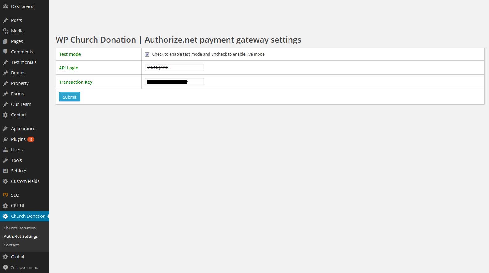 Authorize.Net payment gateway settings page.