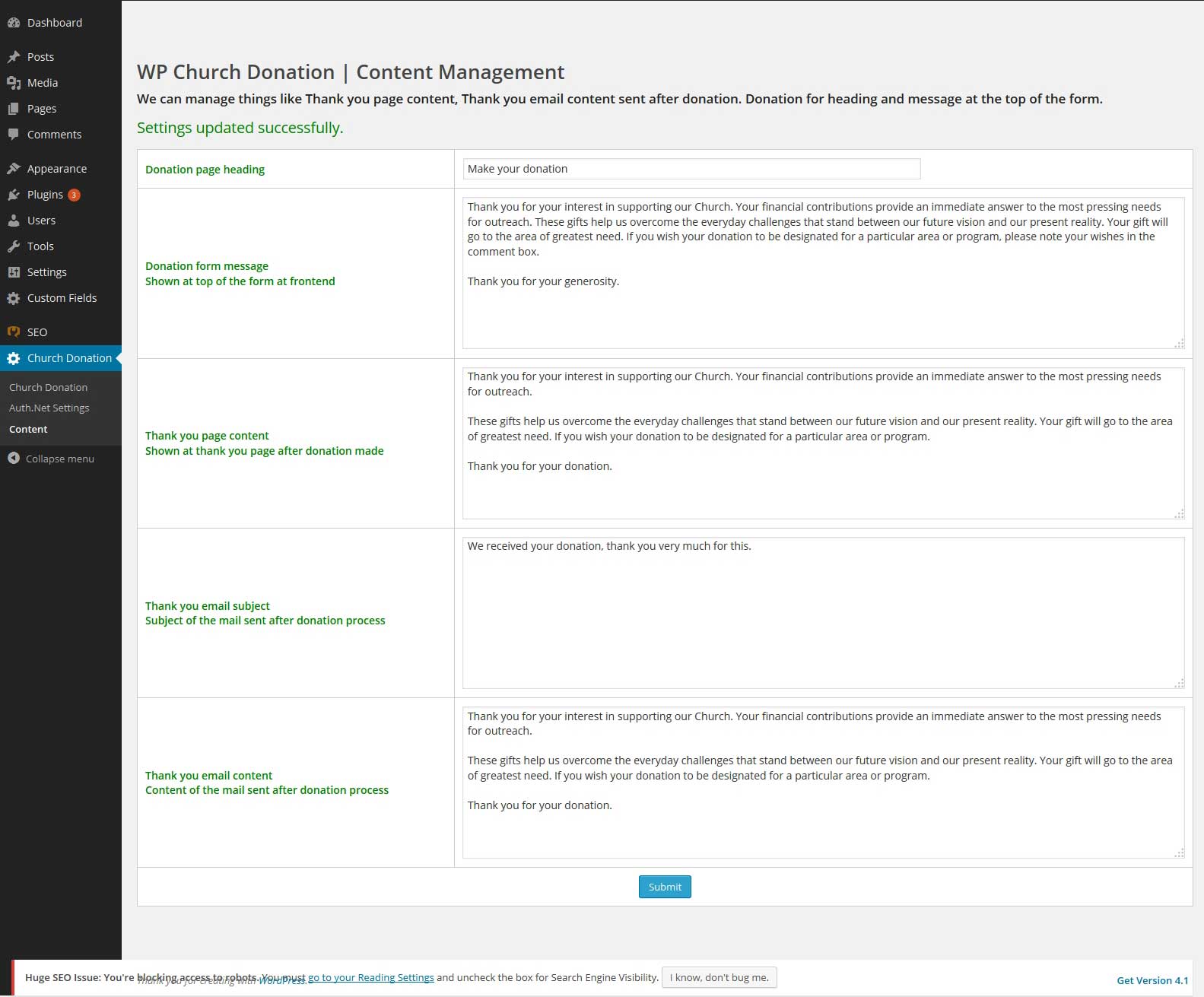 Management of content including message at the top of donation page, thank you email and thank you message.