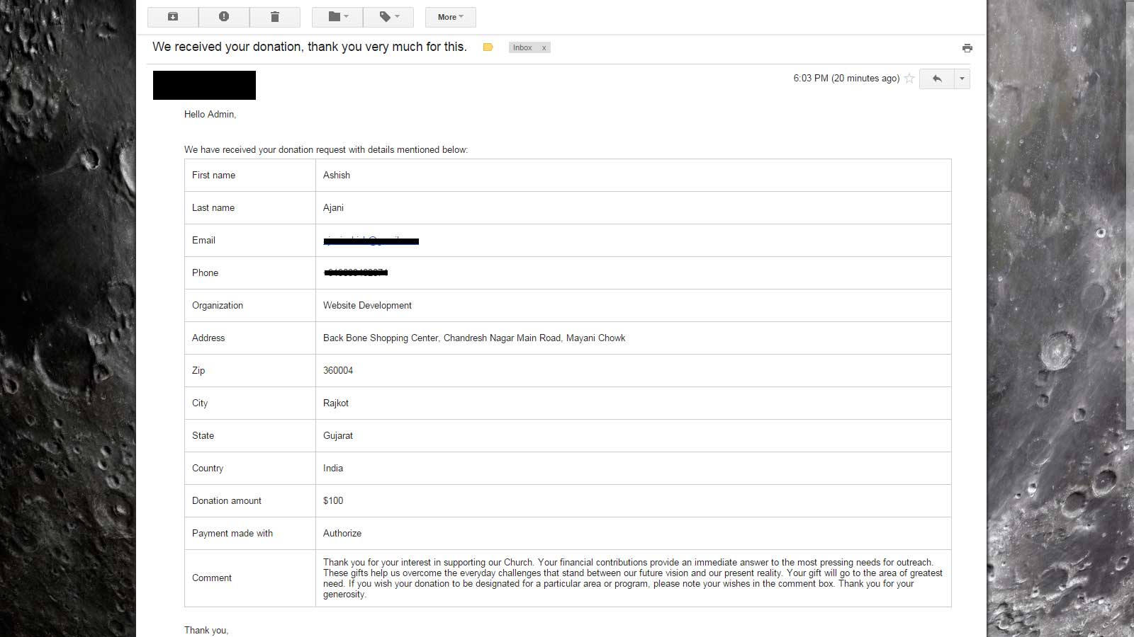 Email sent to admin with the donation details.