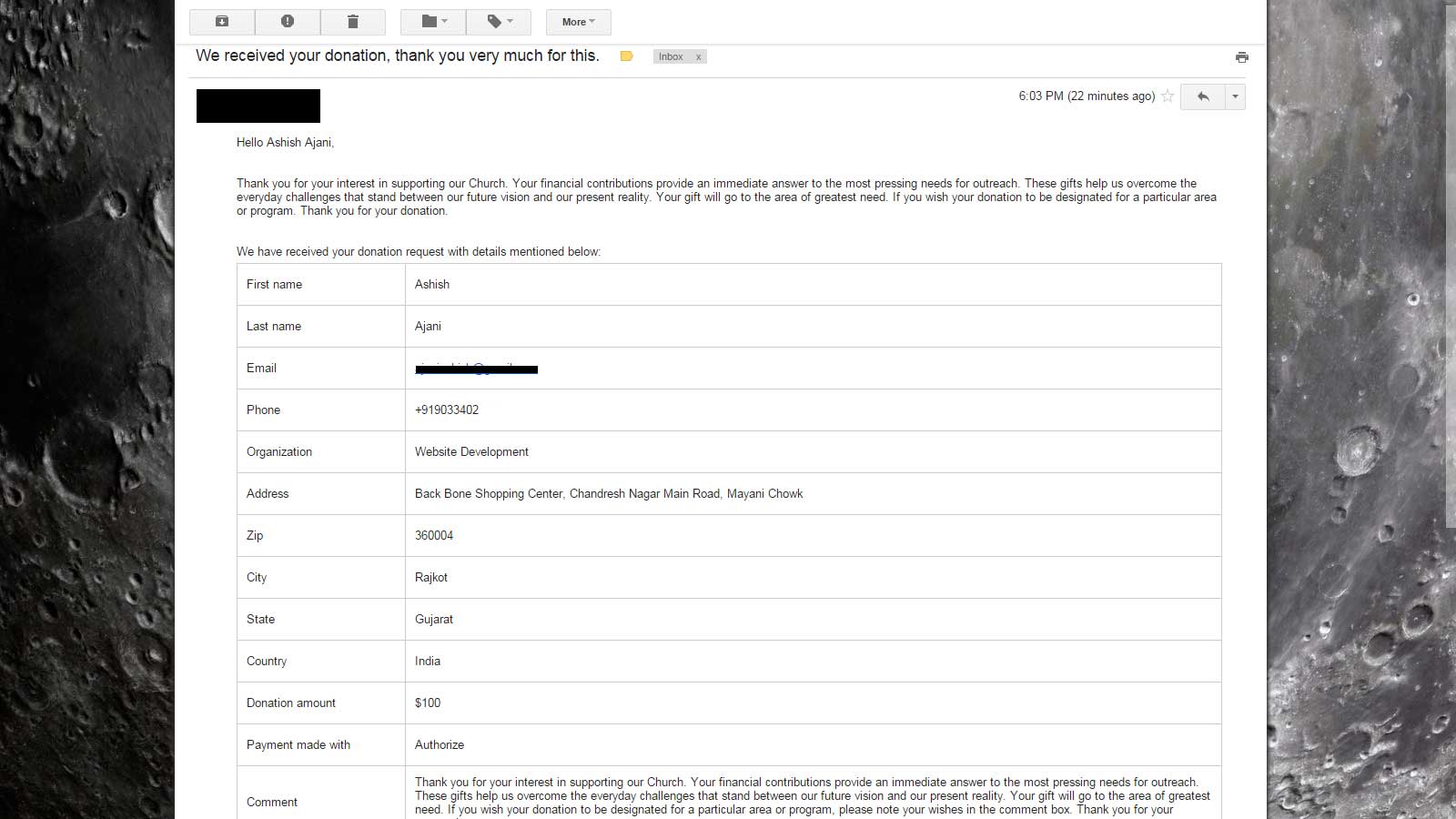 Email sent to donor with the donation details.