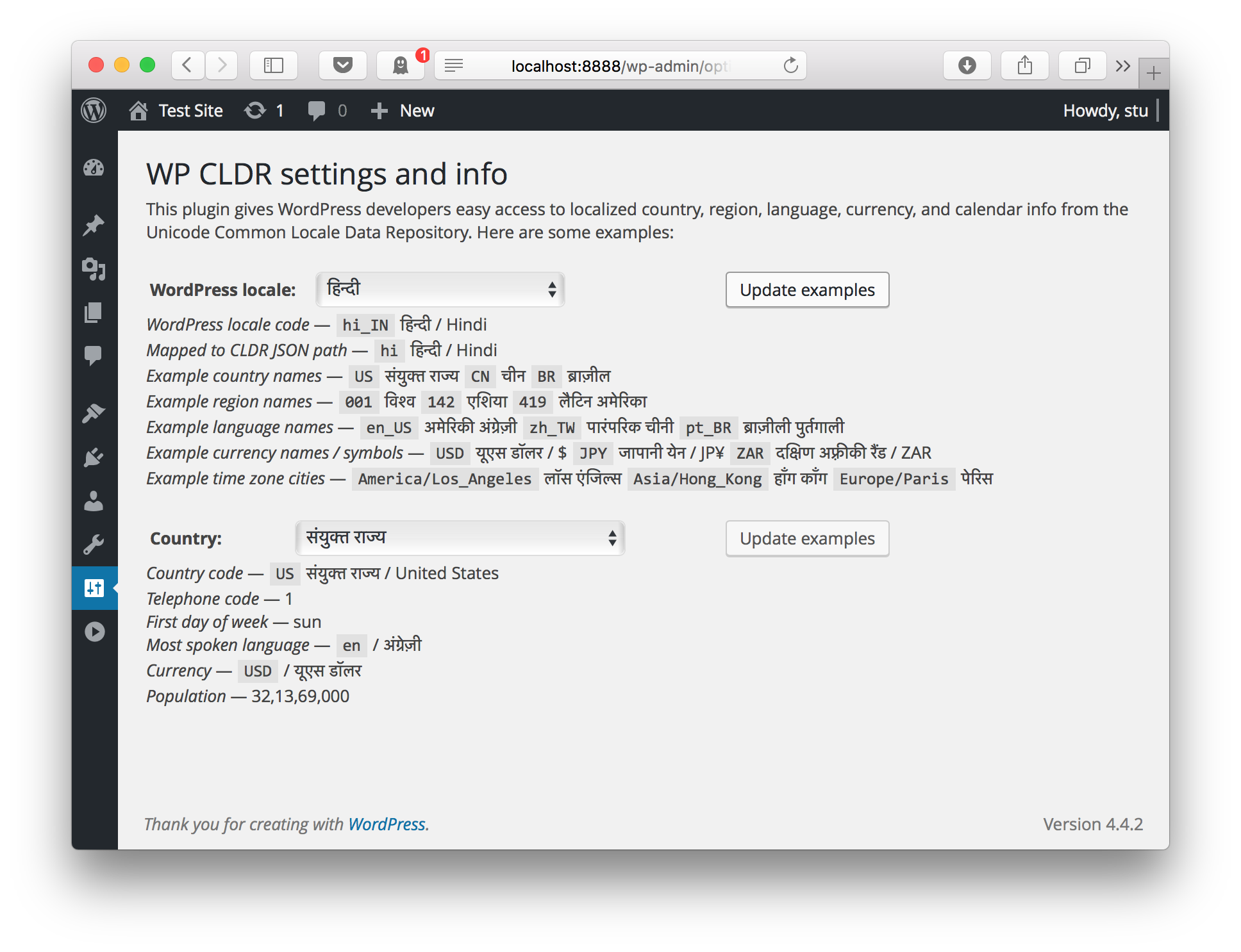 Examples of data available for the locale `hi_IN`, Hindi