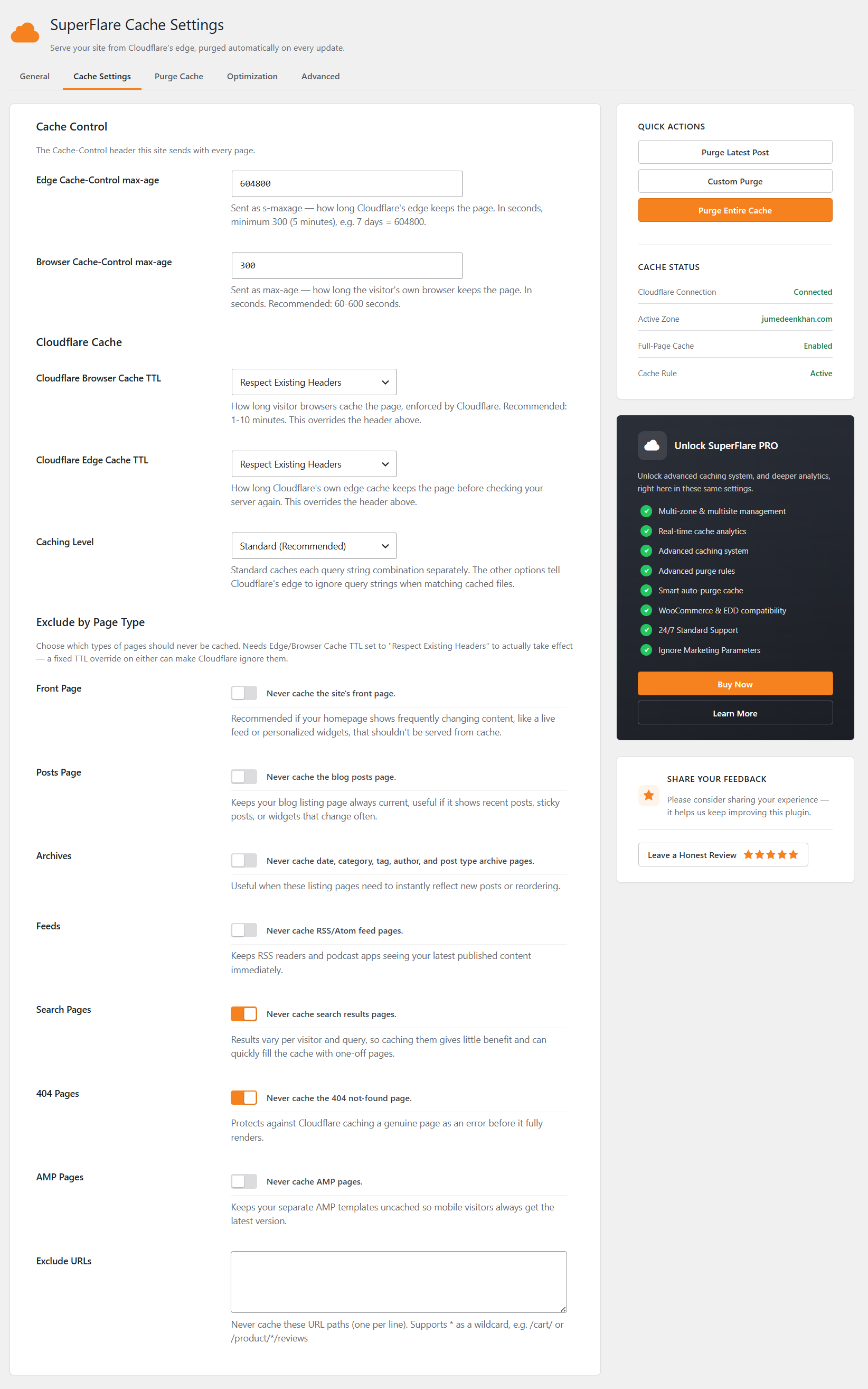 Cache Control and Exclusions settings.