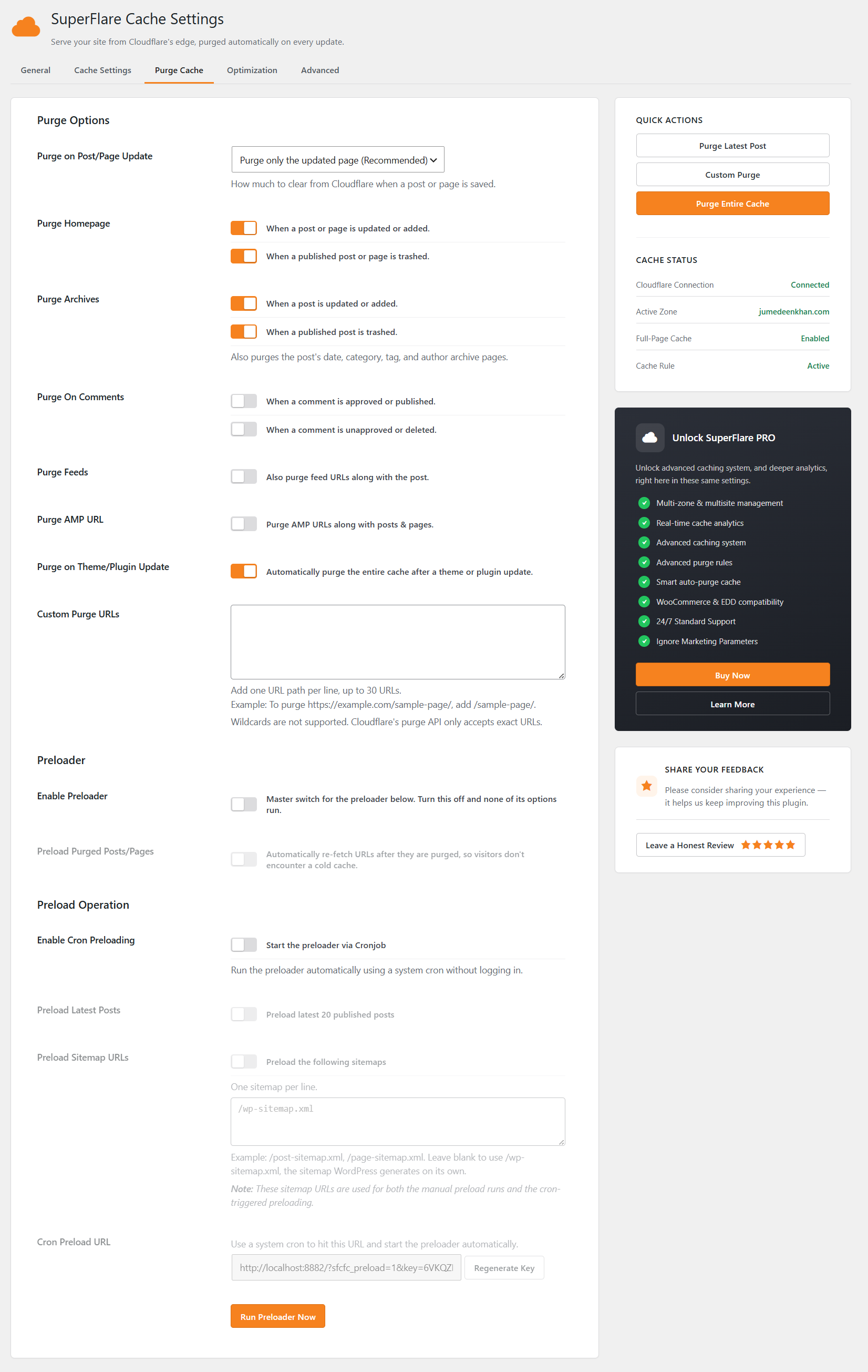 Cache Purging settings and options.